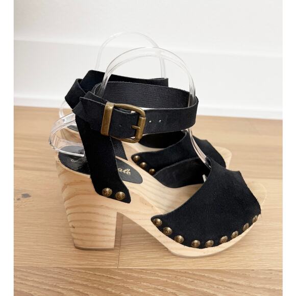 Free People Pasadena Black Suede Wood Ankle Wrap Platform Heel EU37 - Picture 3 of 9